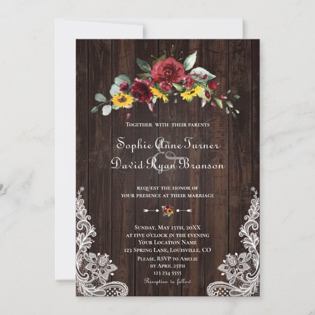 Invitación Caída Burgundy Floral Sunflowers Wood Lace Boda (Anverso)