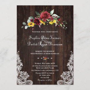 Invitación Caída Burgundy Floral Sunflowers Wood Lace Boda