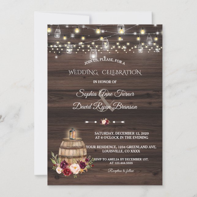 Invitación Caída Burgundy Marsala Wine Barrel Boda Floral (Anverso)