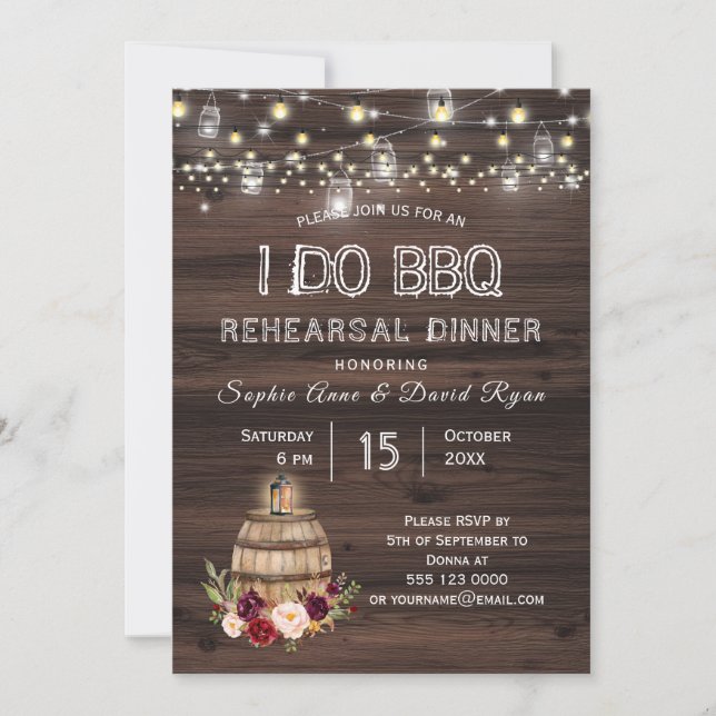 Invitación Caída Burgundy Wine Barrel Ensayo Floral Cena (Anverso)