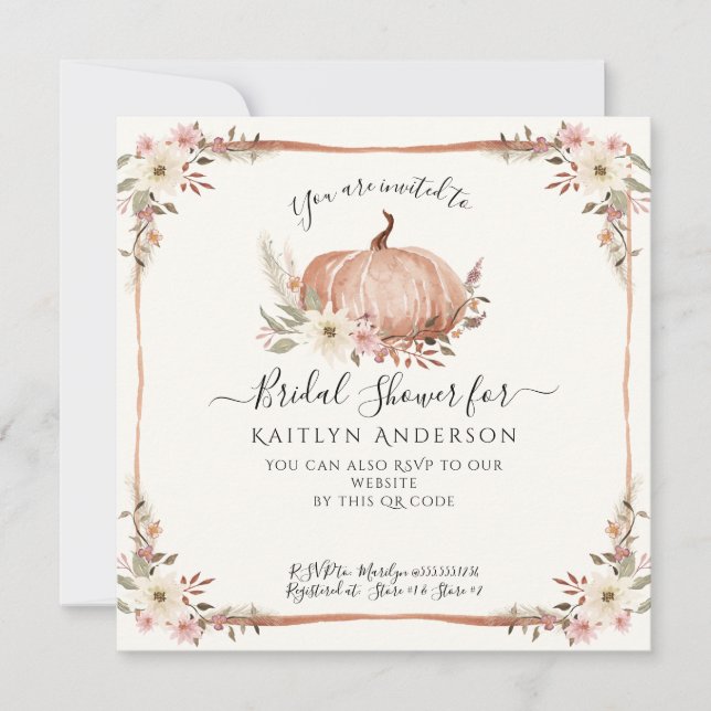 Invitación Caída Calabaza Floral Rosa Ducha de novia Código Q (Anverso)