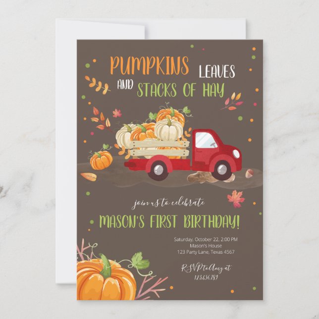 Invitación Caída Calabaza Rojo Camión Naranja Green Boy Cumpl (Anverso)