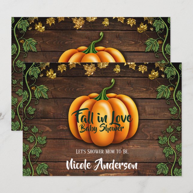 Invitación Caída Calabaza Rustic Green Gold Ivy Baby Shower (Anverso / Reverso)