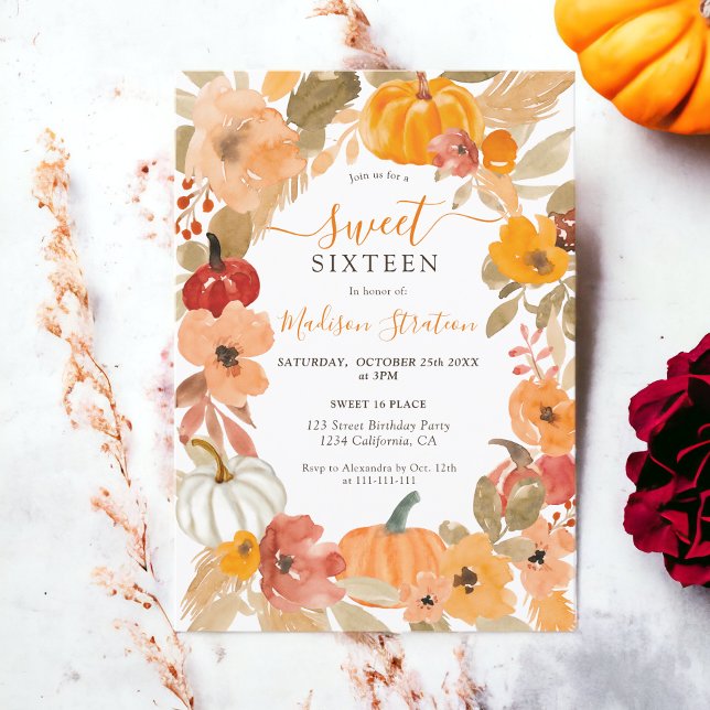 Invitación Caída Calor Boho calabaza floral Dulce 16 cumpleañ (Fall Warm Boho pumpkin floral Sweet 16 birthday Invitation)