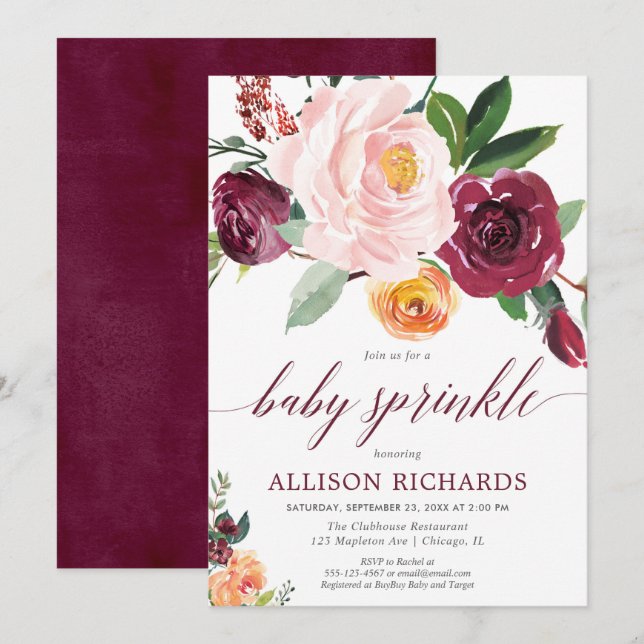 Invitación Caída chica bebé rociar ruborizada rosa burgundy f (Anverso / Reverso)