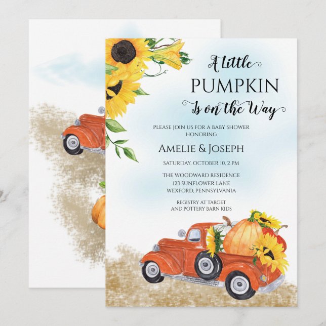 Invitación Caída Cuta | Calabaza otoñal | Camión Baby Shower (Anverso / Reverso)