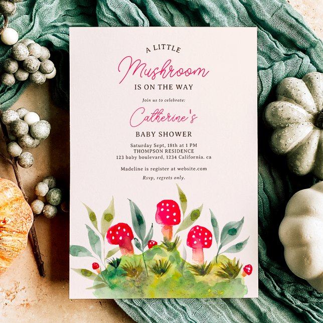 Invitación Caída Cute acuarela pequeña champiñón bebé ducha (Cute fall hand painted watercolor little mushroom baby shower invitation)
