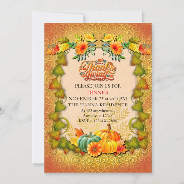 Invitación Caída de Acción de Gracias Hojas de arce y calabaz (Anverso)