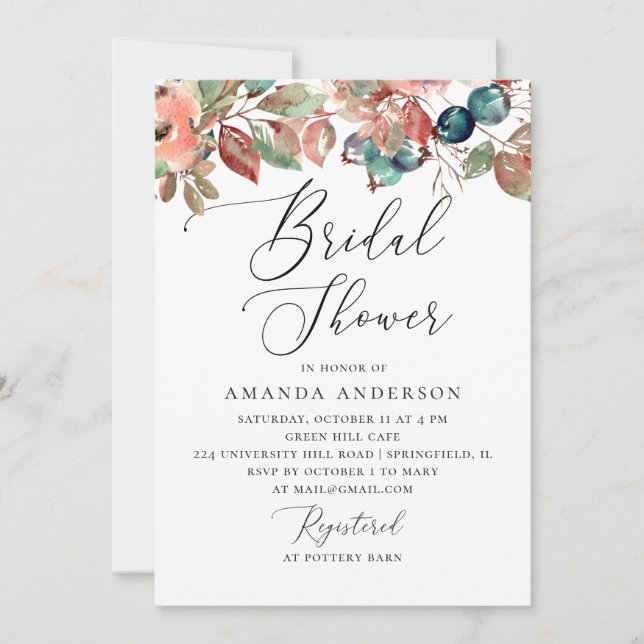 Invitación Caída de agua ducha de novia floral de arándano az (Anverso)