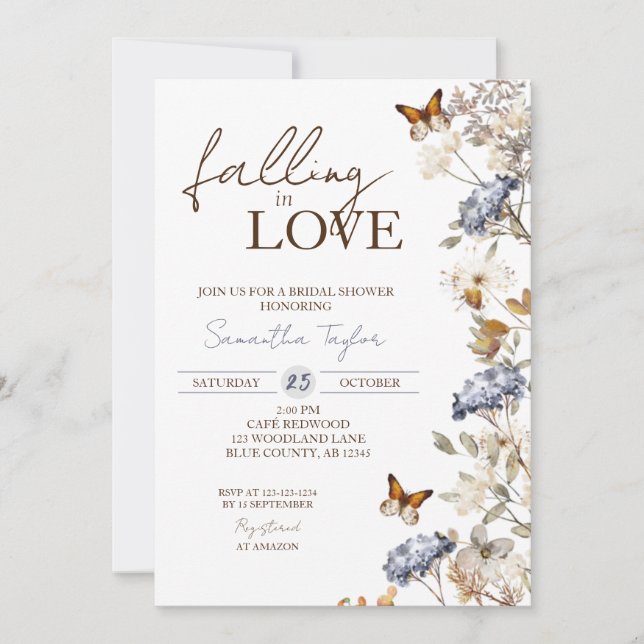 Invitación Caída de amor, ducha de novia, mariposa floral (Anverso)