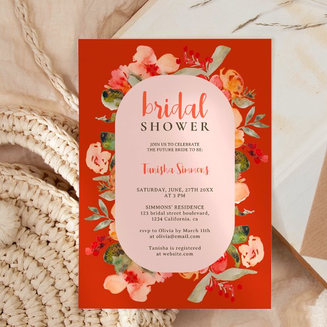 Invitación Caída de Boho caída de terracota escritura floral  (Boho fall terracotta floral script bridal shower invitation)
