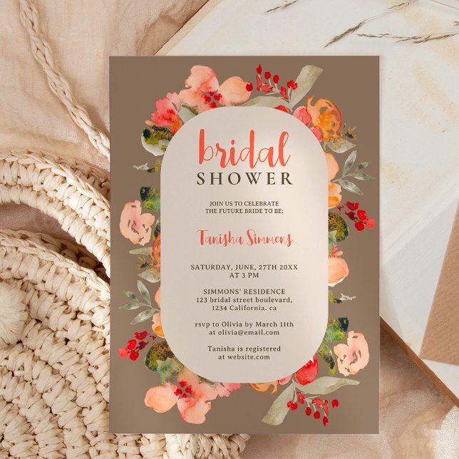 Invitación Caída de Boho caída de terracota escritura floral  (Boho fall terracotta floral script bridal shower invitation on brown khaki)