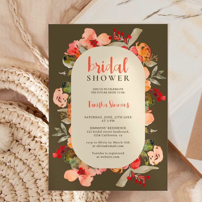 Invitación Caída de Boho caída de terracota escritura floral  (Boho fall terracotta floral script bridal shower invitation)