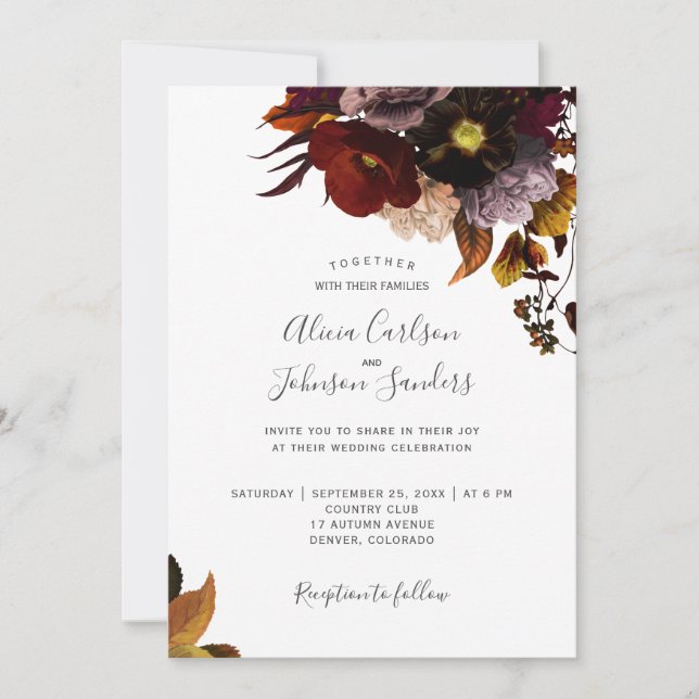 Invitación Caída de Borgoña floral rústico elegante boda de e (Anverso)