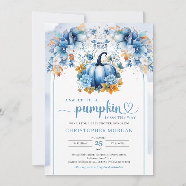 Invitación Caída de calabaza azul lindo naranja deja arco boh (Anverso)