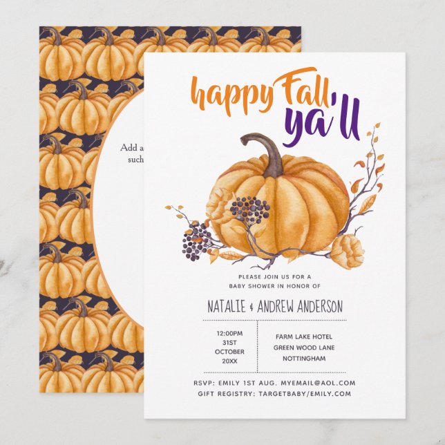 Invitación Caída de calabaza Baby Shower Halloween Org/Purp (Anverso / Reverso)