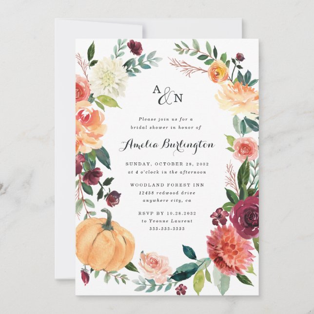 Invitación Caída de calabaza Elegante Floral Rústica Ducha de (Anverso)