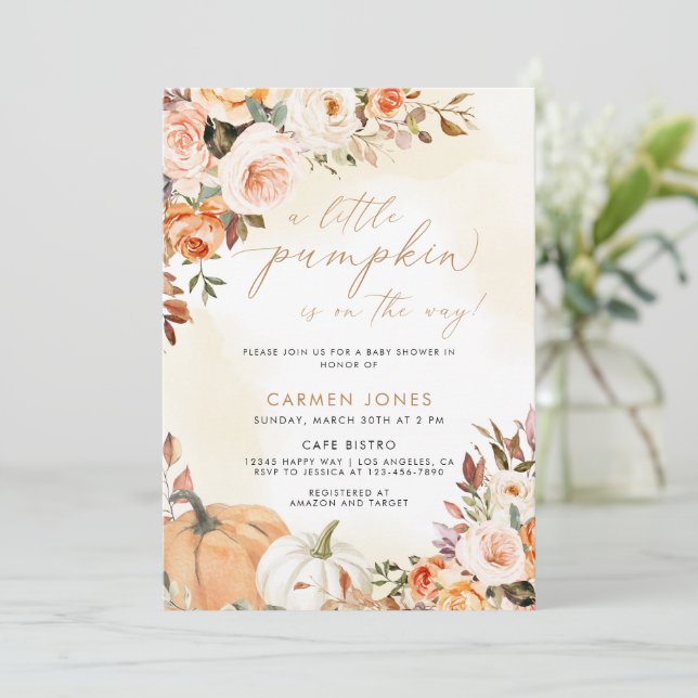 Invitación Caída de calabaza floral Género neutro de Baby Sho (Anverso de pie)
