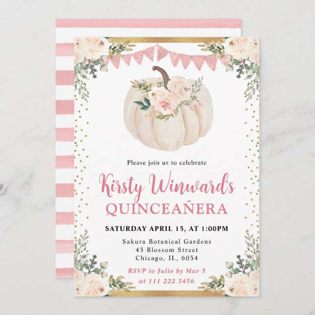 Invitación Caída de calabaza floral rosa Rubor Quinceanera (Anverso / Reverso)