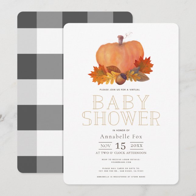 Invitación Caída de calabaza naranja deja Baby Shower virtual (Anverso / Reverso)