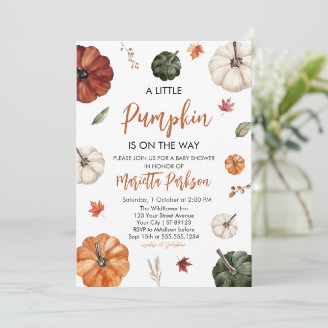 Invitación Caída de calabaza Pequeña Sexo Neutral Baby Shower (Anverso de pie)