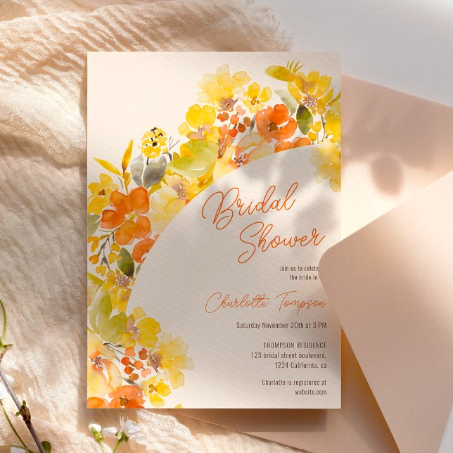 Invitación Caída de flores amarillas guión de flores de novia (Fall boho yellow flowers script bridal shower invitation)