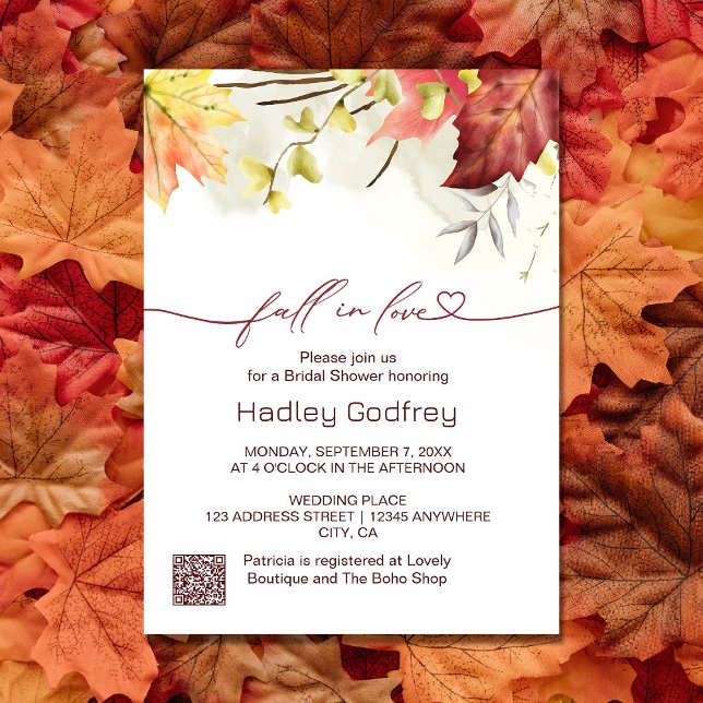 Invitación Caída de flores de Boho en amor ducha de novia (Boho Floral Fall in Love Bridal Shower Invitation #fallinlove #octobermonth #qrcode)