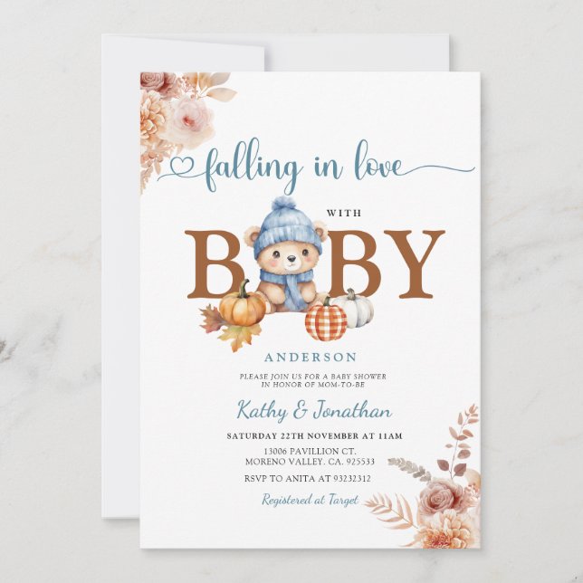 Invitación Caída de flores rusas en el Baby Shower del oso az (Anverso)