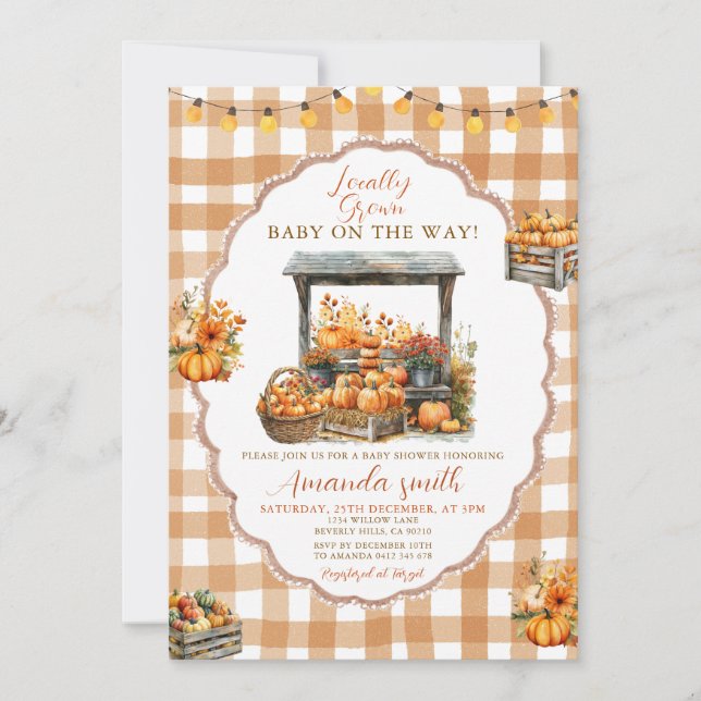 Invitación Caída de Gingham Baby Shower de mercado local (Anverso)