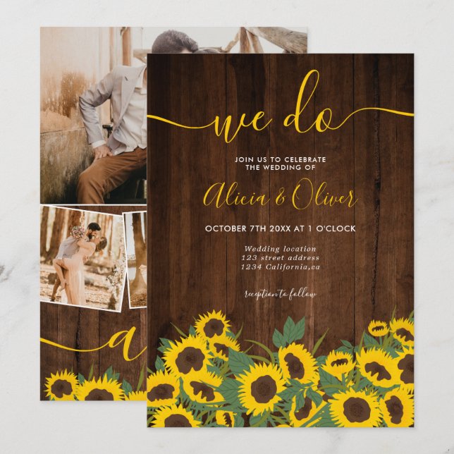 Invitación Caída de girasoles rústicos boda de las iniciales  (Anverso / Reverso)