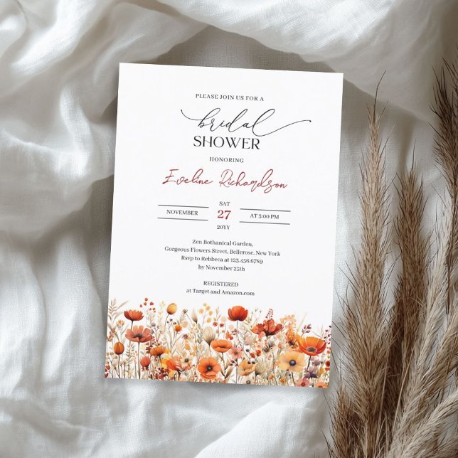 Invitación Caída de la acuarela Boho naranja flores silvestre (Boho watercolor fall orange yellow wildflowers invitation)