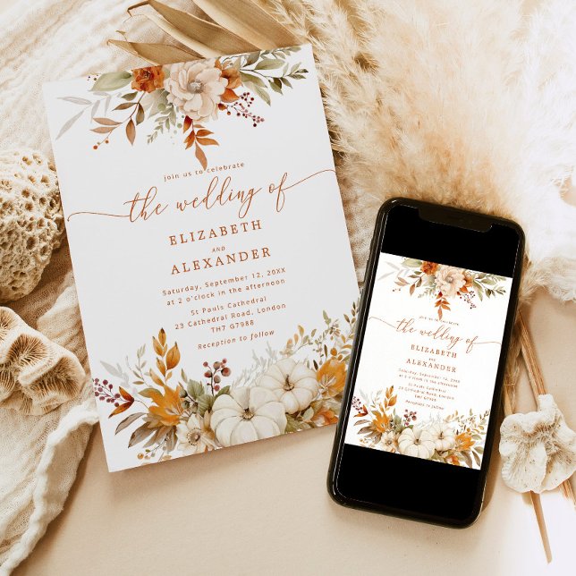 Invitación Caída de la boda floral y elegante de terracota (Subido por el creador)