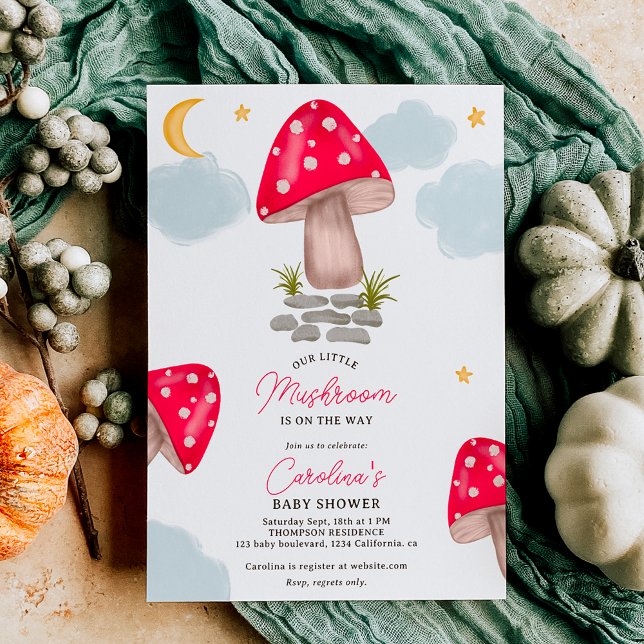 Invitación Caída de la ducha de bebé de luna de hongos rojos (Fall red little mushroom moon baby shower invitation)