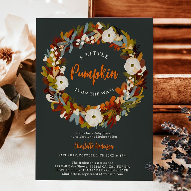 Invitación Caída de la herida floral pequeña calabaza ducha d (Floral wreath fall little pumpkin baby shower invitation)