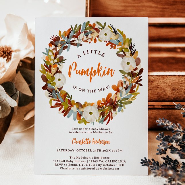 Invitación Caída de la herida floral pequeña calabaza ducha d (Floral wreath fall little pumpkin baby shower invitation)