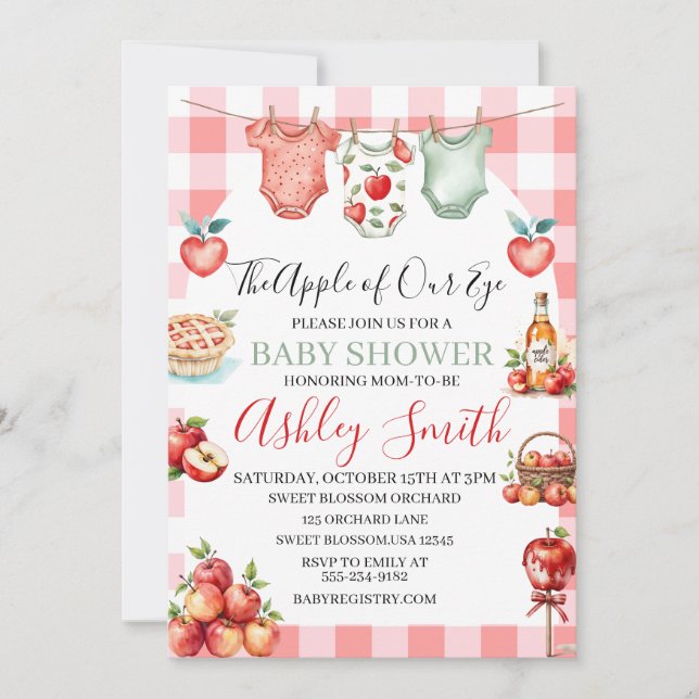 Invitación Caída de la Manzana Roja de mi Baby Shower visual (Anverso)