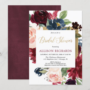 Invitación Caída de oro de Borgoña floral acuarela ducha de n