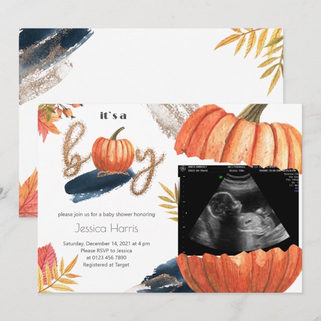 Invitación Caída de oro de calabaza es un niño Baby Shower (Anverso / Reverso)