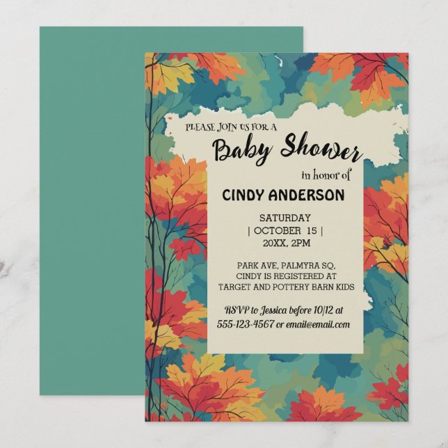 Invitación Caída de otoño acuarela floral ducha de bebé (Anverso / Reverso)