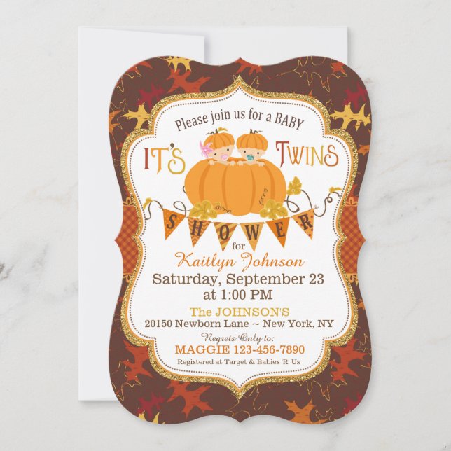 Invitación Caída de pequeños gemelos de calabaza deja Baby Sh (Anverso)