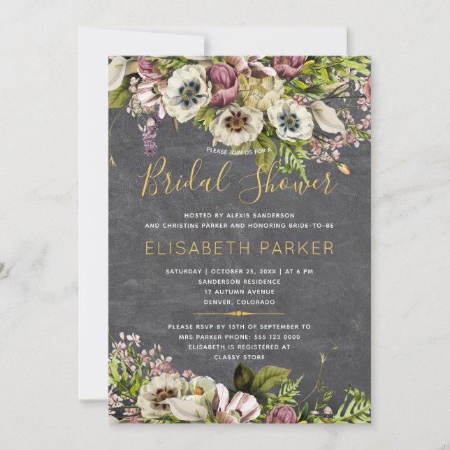 Invitación Caída de pizarra gris floral ruidosa ducha de novi (Anverso)