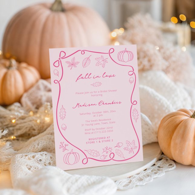Invitación Caída De Rosado Caliente De Mano En Amor Ducha De  (Fall in Love blush pink and fuchsia wedding shower invite cards featuring handwritten font)