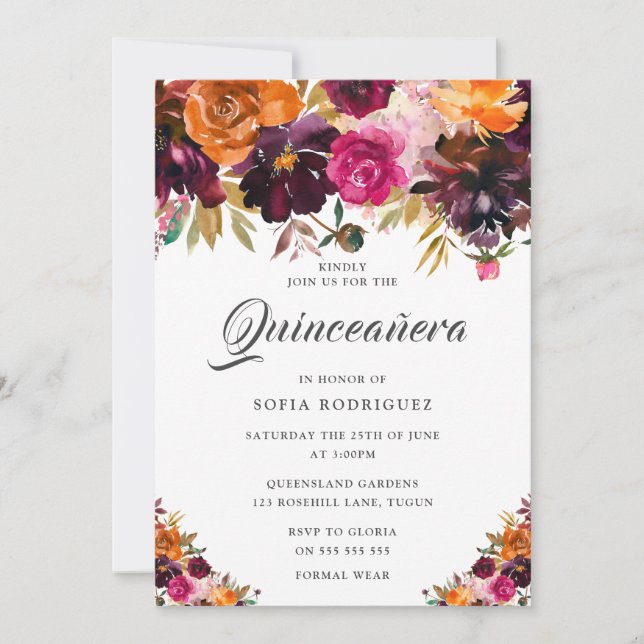Invitación Caída de verano de borgoña Caída de flores Quincea (Anverso)