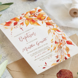 Invitación Caída deja bautismo amarillo y rojo Chica