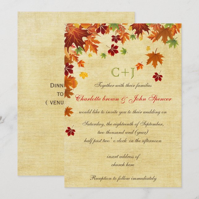 Invitación Caída deja Boda ruso (Anverso / Reverso)
