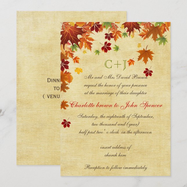 Invitación Caída deja Boda ruso (Anverso / Reverso)