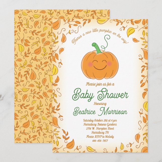 Invitación Caída del Baby Shower de calabaza (Anverso / Reverso)