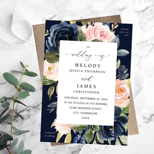 Invitación Caída del Boda floral rosa azul marino y Rubor (Subido por el creador)