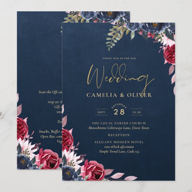 Invitación Caída del invierno de borgoña con flores de Berry  (Anverso / Reverso)