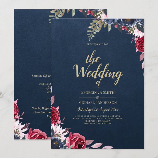 Invitación Caída del invierno de borgoña con flores de Berry  (Anverso / Reverso)